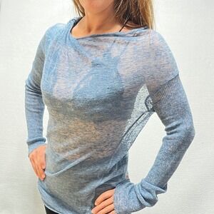 Nadine Milano Italy Women Blue Linen Blend Sheer Knit Cowl Neck Tunic Top Small